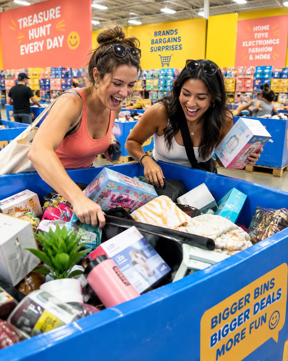Two shoppers laughing while digging through a bin store